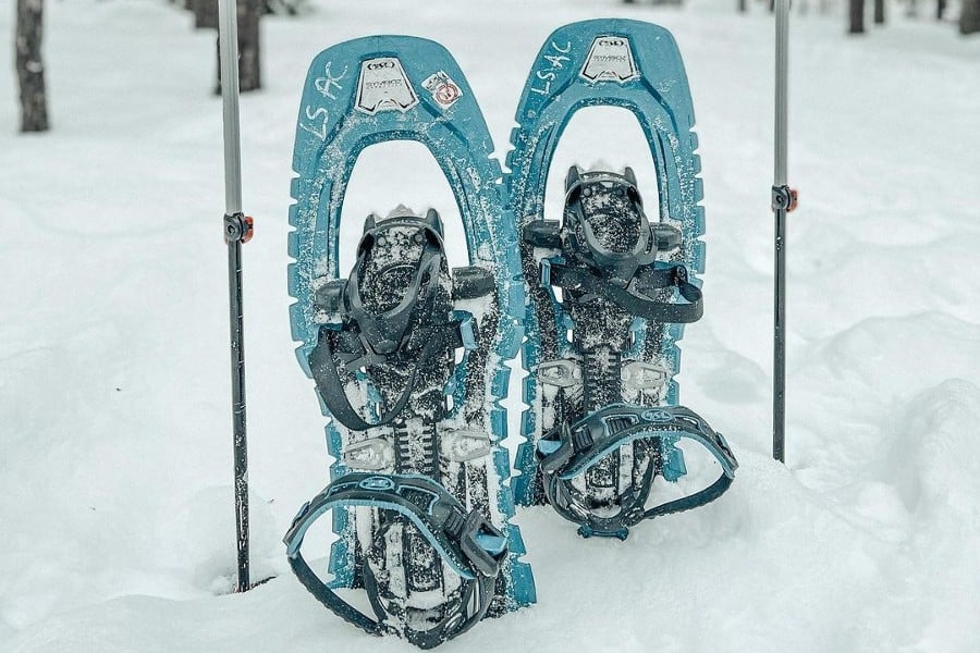Blue snowshoes in snow